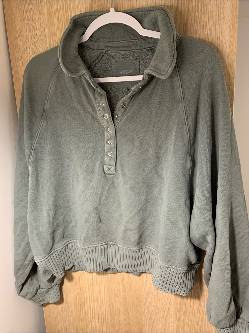 aerie Olive Sage Pullover Snap-Neck Sweatshirt